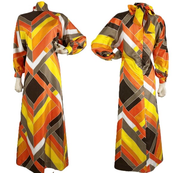 Vintage 1970s Maxi Dress Bold Geometric Print Orange Brown Neck Scarf - Picture 3 of 7